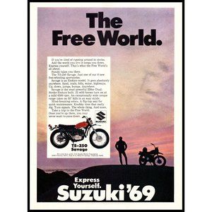 1969 Suzuki TS-250 Savage Motorcycle Vintage Print Ad Sunset Clouds Sky Photo